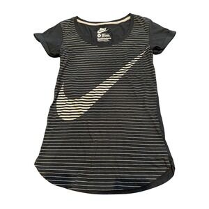 Nike Slim Fit Black Gold Striped Swoosh Graphic Scoop Neck Tee Shirt Womens S